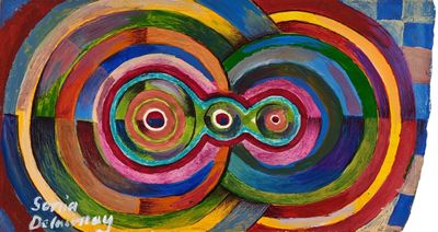 abstract painting of colorful circles on a blue and red background