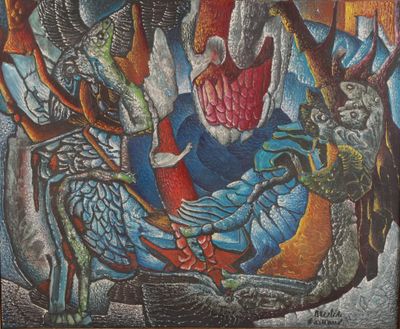 a painting of a man riding a horse with a bird on it