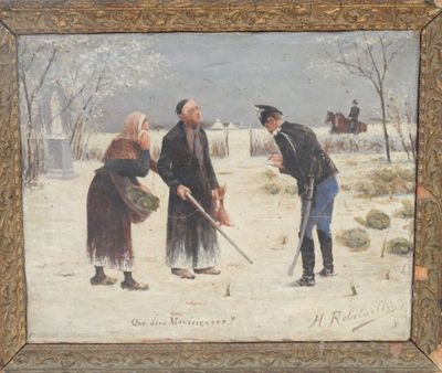 tableau représentant deux hommes et une femme dans la neige, avec une pelle