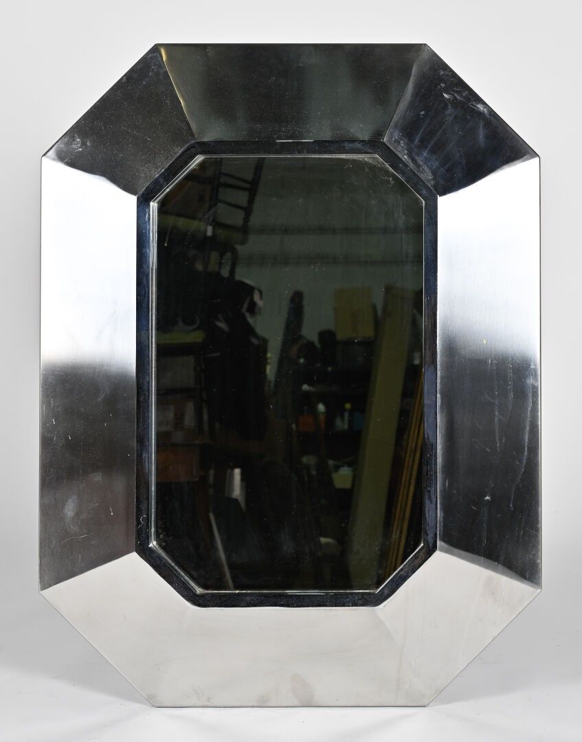 MAISON JANSEN Miroir octogonal en acier avec jonc chromé - Circa 1970