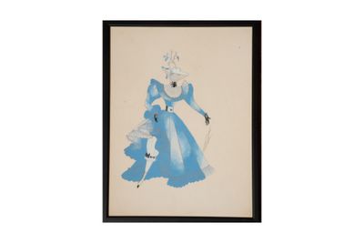 l'image d'un dessin représentant une femme en robe bleue