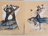 painting of a couple of women dancing in a blue dress