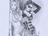 dessin au crayon représentant deux femmes sexy en lingerie posant pour une photo