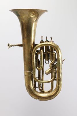 an old brass tuba is shown against a white background