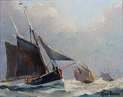 a painting of a boat in the water with other boats in the background
