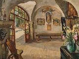a painting of a living room with a fireplace and a painting of a woman