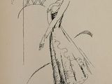 drawing of a woman in a dress and hat walking by a fence