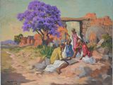 painting of a group of people sitting under a purple tree
