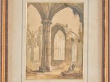 an old picture of a painting of a church with a man sitting on the ground