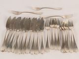 many forks and spoons laid out on the table