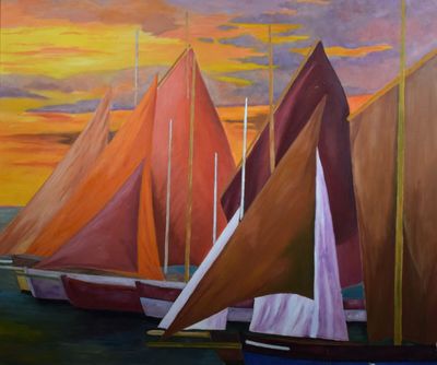 tableau représentant des voiliers dans un port au coucher du soleil, avec des voiles orange et rouges