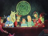 a painting of a group of people sitting at a table
