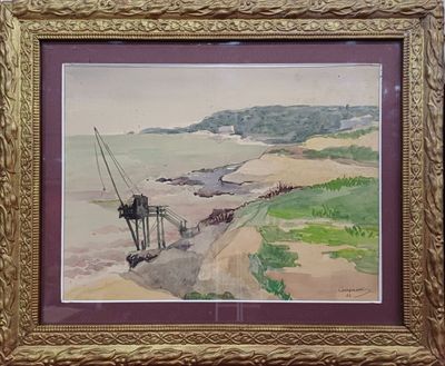 ECOLE XXè " Bord de côte charentaise avec carrelet" aquarell…