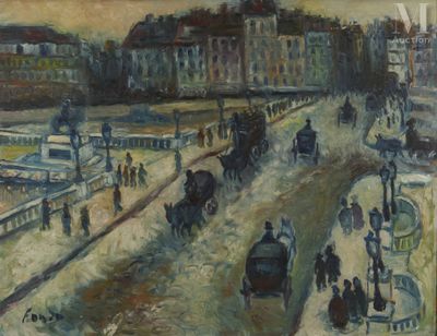 a painting of a city street with people walking on it