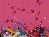 an image of a painting on a pink background with lots of paint splatters