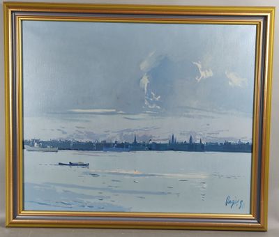 une image d'un tableau représentant un bateau sur l'eau