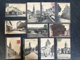 several old black and white photographs of a town with a clock tower