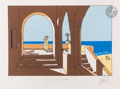 a drawing of a man standing on a balcony by the ocean