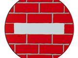 a red brick wall with a white stripe in the middle