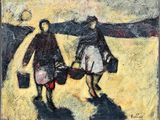 a painting of two people walking with suitcases