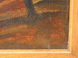 a painting of a man sitting on a bench with a hat on