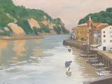 a painting of a harbor with boats docked on the shore