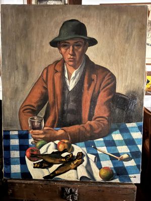 un tableau représentant un homme assis à une table avec un verre de vin