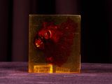 une assiette en or ornée d'un cœur rouge, posée sur une nappe violette
