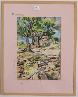 a picture of a painting of some trees in the woods
