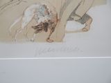 a drawing of a man walking a dog on a leash