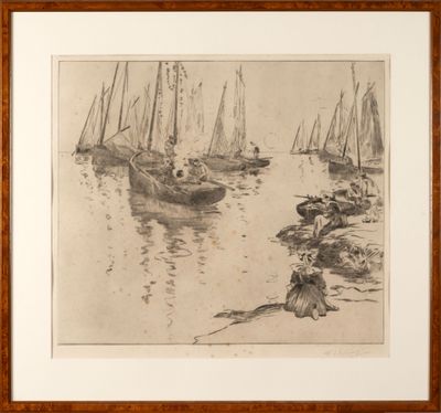 drawing of a group of boats floating on top of a body of water