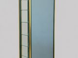 a tall glass display case with gold trimming and a green door