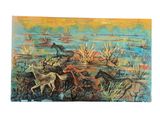 an oil painting of a group of horses running through a field