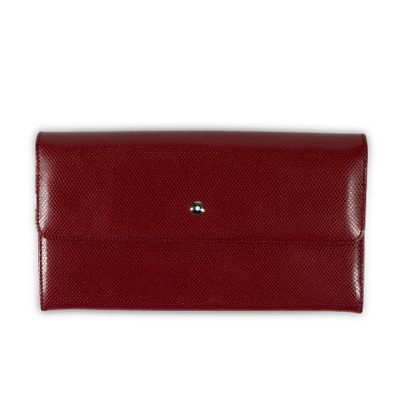 a red leather wallet with a metal clasp on the front