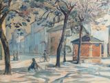 a painting of a person sitting on a bench in a park