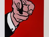 a red and black painting of a hand holding a cigarette