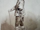 a drawing of a man wearing a hat and holding skis