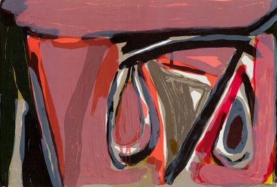 abstract painting of red and black shapes on a pink background