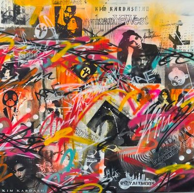 peinture représentant un collage d'images et de graffitis sur un mur