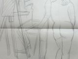 pencil drawing of two people standing in front of a easel