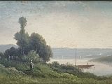 a picture of a painting of a river with a boat in it