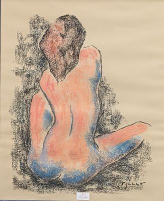 drawing of a nude woman sitting on her back with her legs crossed
