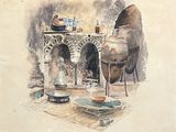 une aquarelle représentant une table sur laquelle sont posés des casseroles et des assiettes