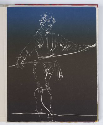a drawing of a man holding a sword on top of a table