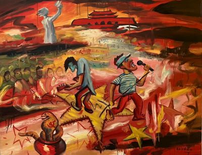 painting of a painting of a group of people playing a game of baseball