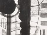 dessin représentant un vase et un miroir, en noir et blanc