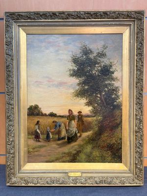 une peinture à l'huile représentant un groupe de personnes marchant sur une route
