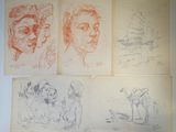 quatre dessins représentant des personnes et un bateau sur un fond blanc
