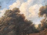 a painting of a man riding a horse in a wooded area