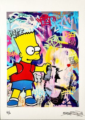 tableau représentant Homer Simpson avec une bombe de peinture devant un mur recouvert de graffitis